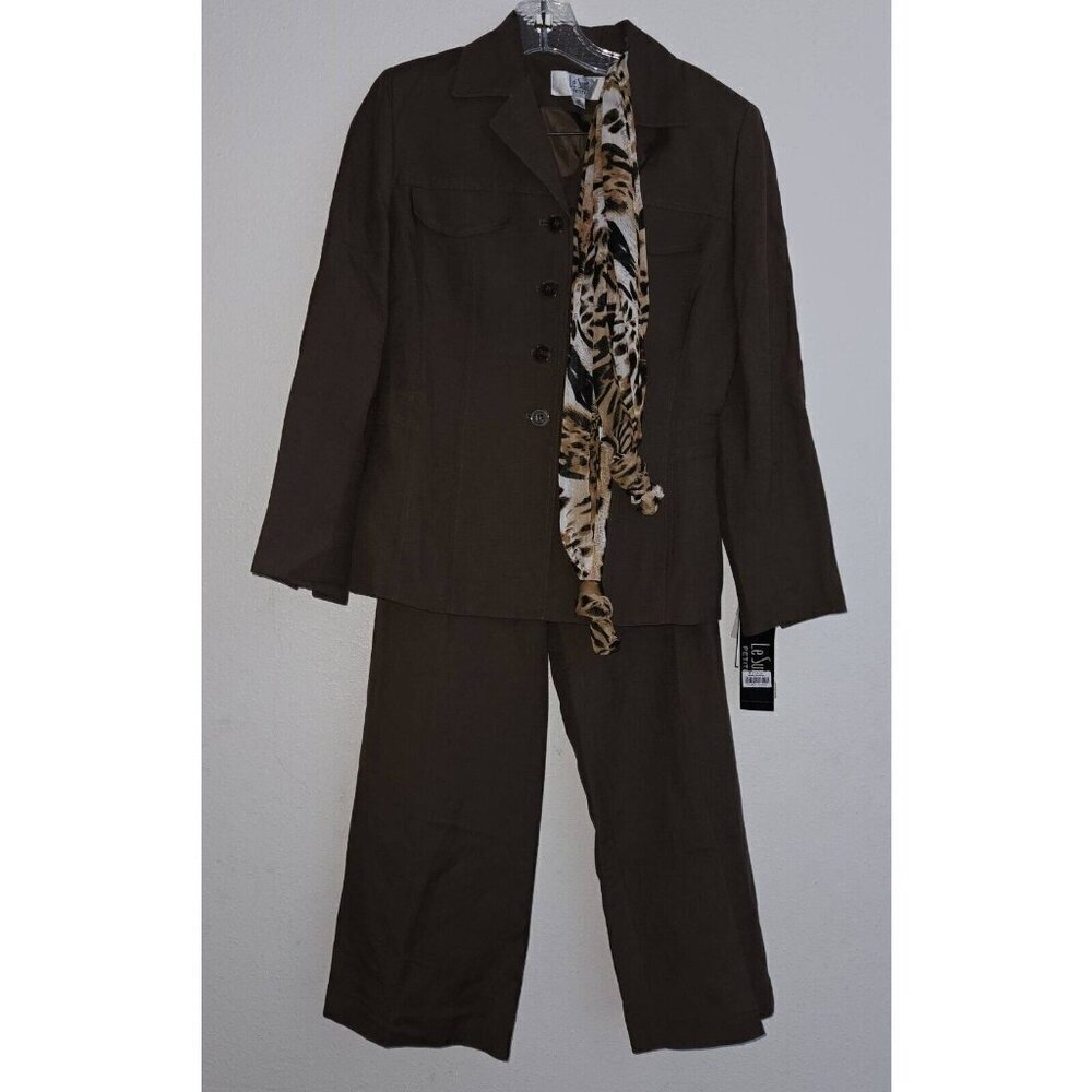 NWT Le Suit Petite Brown 3-Pc Outfit Jacket Pants Scarf 6P Career Retail $200